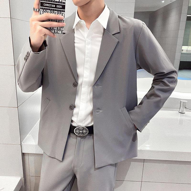 Terno masculino estilo coreano fino ajuste Anti-rugas estilo britânico cinza claro pequeno terno rufião bonito jaqueta C