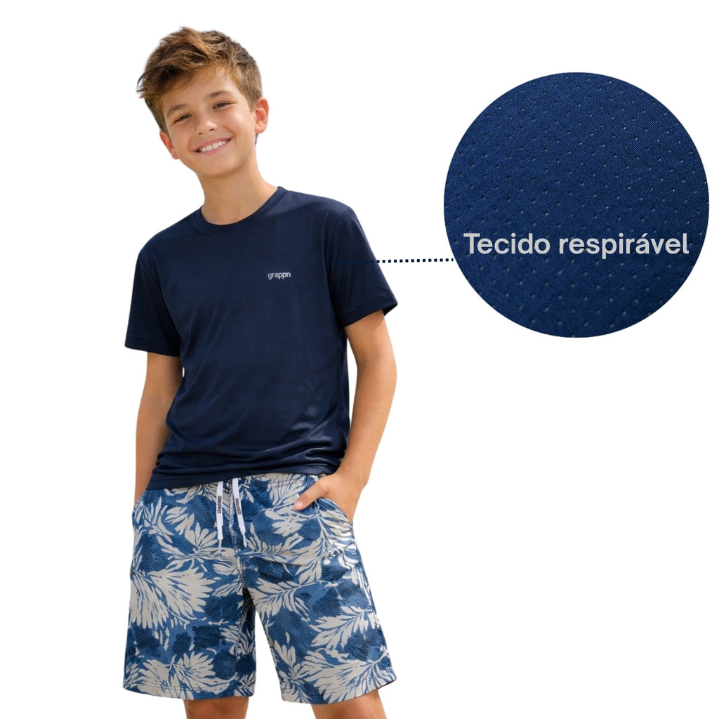 Conjunto Juvenil Masculino Grappin Dry Fit Camiseta Furadinha + Bermuda Tactel Estampada Leve Verão