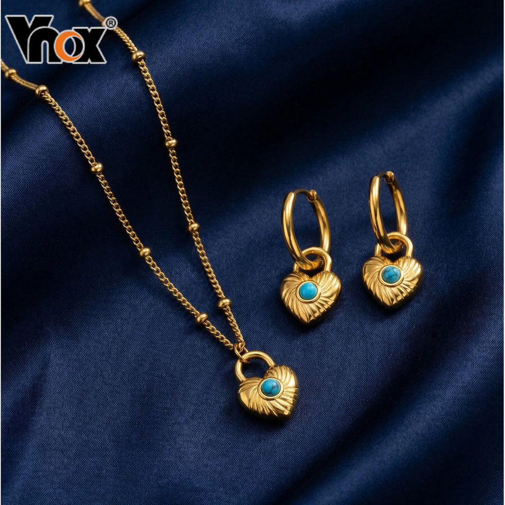 Colar Turquesa Com Trava De Coração Em Aço Inoxidável Dourado Vnox Contas Espaçadoras , Joias Elegantes Para Mulheres ,