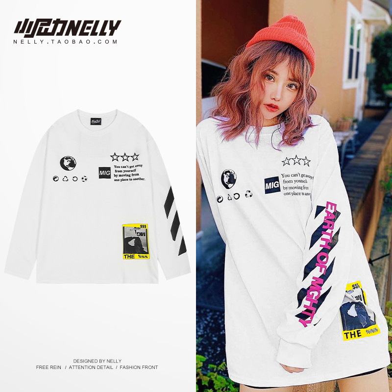 Carta impressa de manga comprida camiseta masculina outono americano street Wear High street em torno do pescoço moletom