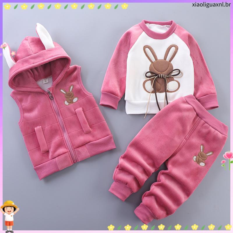 Crianças Primavera/Outono Plush Terno Quente Menino Astronauta T-shirt+Colete De Capuz+Calça 3 Peças 0-4 Anos