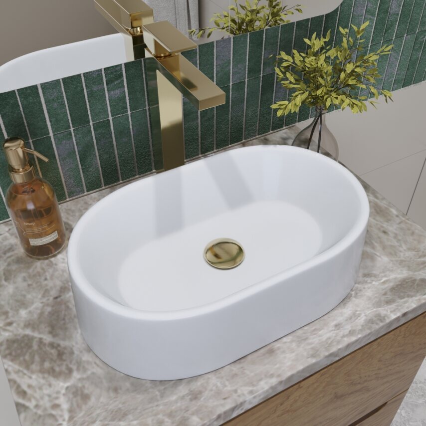 Cuba Pia de Banheiro Lavabo Apoio Sobrepor Marmore Sintético Oval 43x25 Helo Branco Brilhante