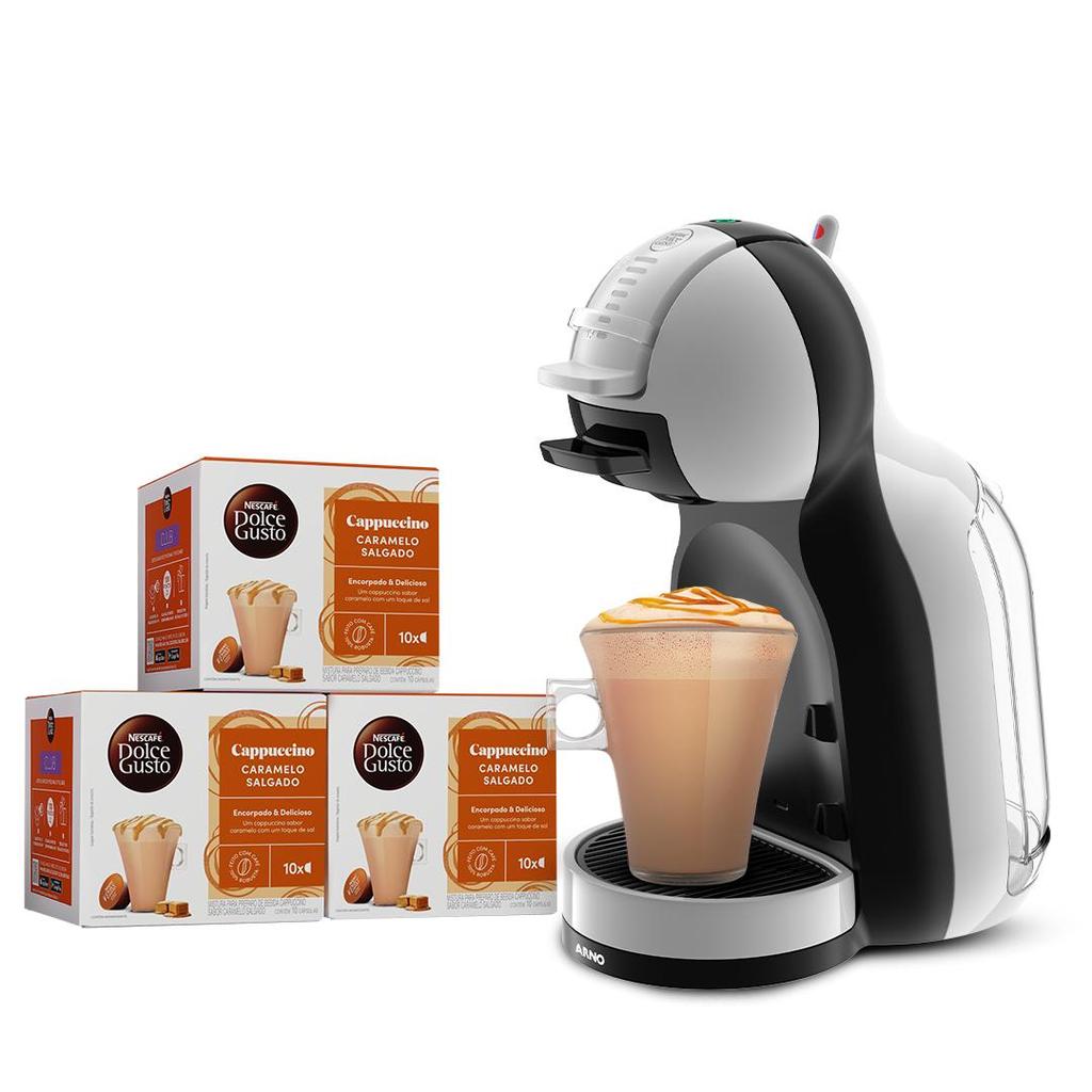Kit Cafeteira Dolce Gusto Mini Me Cinza e Preta + Caramelo Salgado - 30 cápsulas em Oferta na Shopee