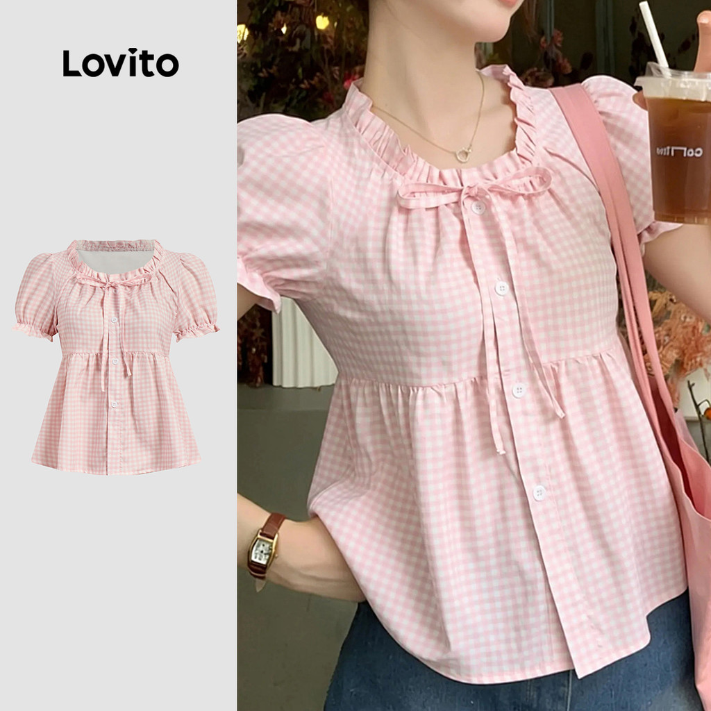 Lovito Casual Blusa Fofa com Laço Frontal para Lazer Simples Primavera/verão Ros