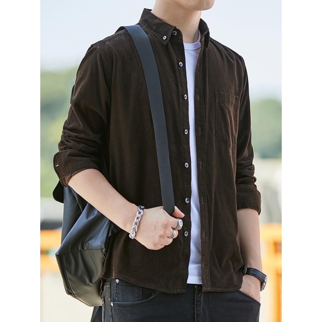 Outono inverno camisa de veludo manga longa masculina solta listrado topo Casual camisa de algodão puro masculino polega