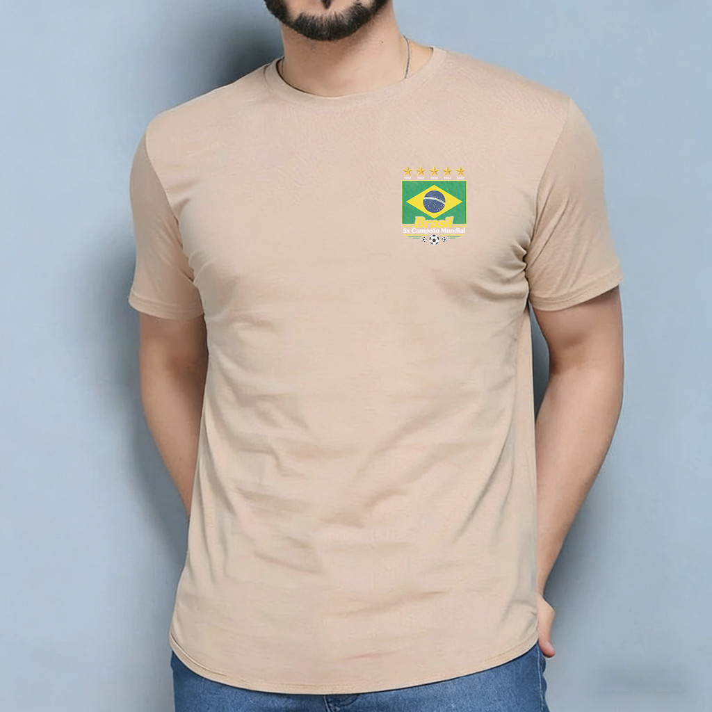 MD Camiseta Feminina de Moda com Caimento Solto — Estampa da Seleção Brasileira, Estilo Fitness, Top na Cor Cáqui 0409
