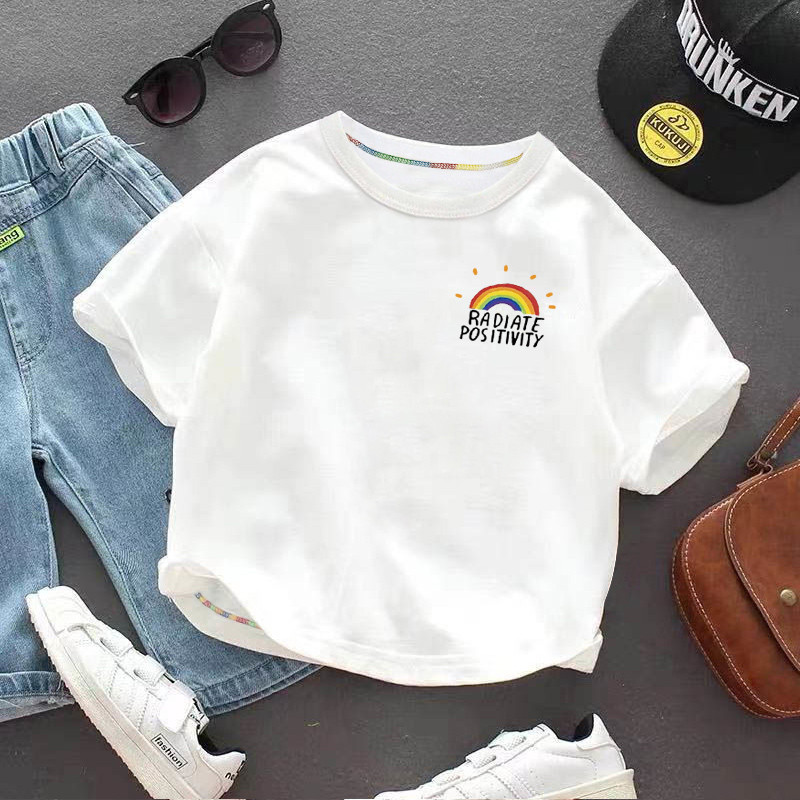 Crianças roupas meninos 2021 verão de manga curta algodão camiseta crianças meninas arco-íris meia manga versão coreana 