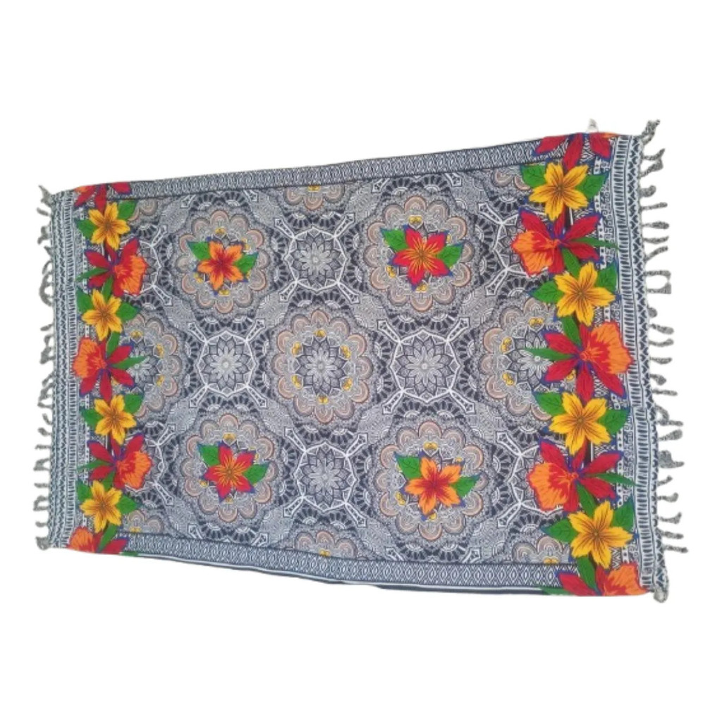 Canga De Praia Grande Em Viscose Floral Laranja E Lilás