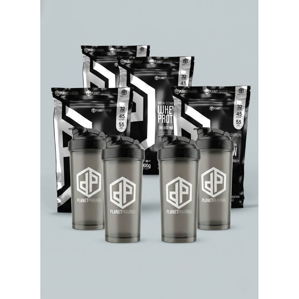 Kit 4X Whey Protein 100% 32g de Proteína 2Kg + 4X Coqueteleira 600ml - Planet Pharma