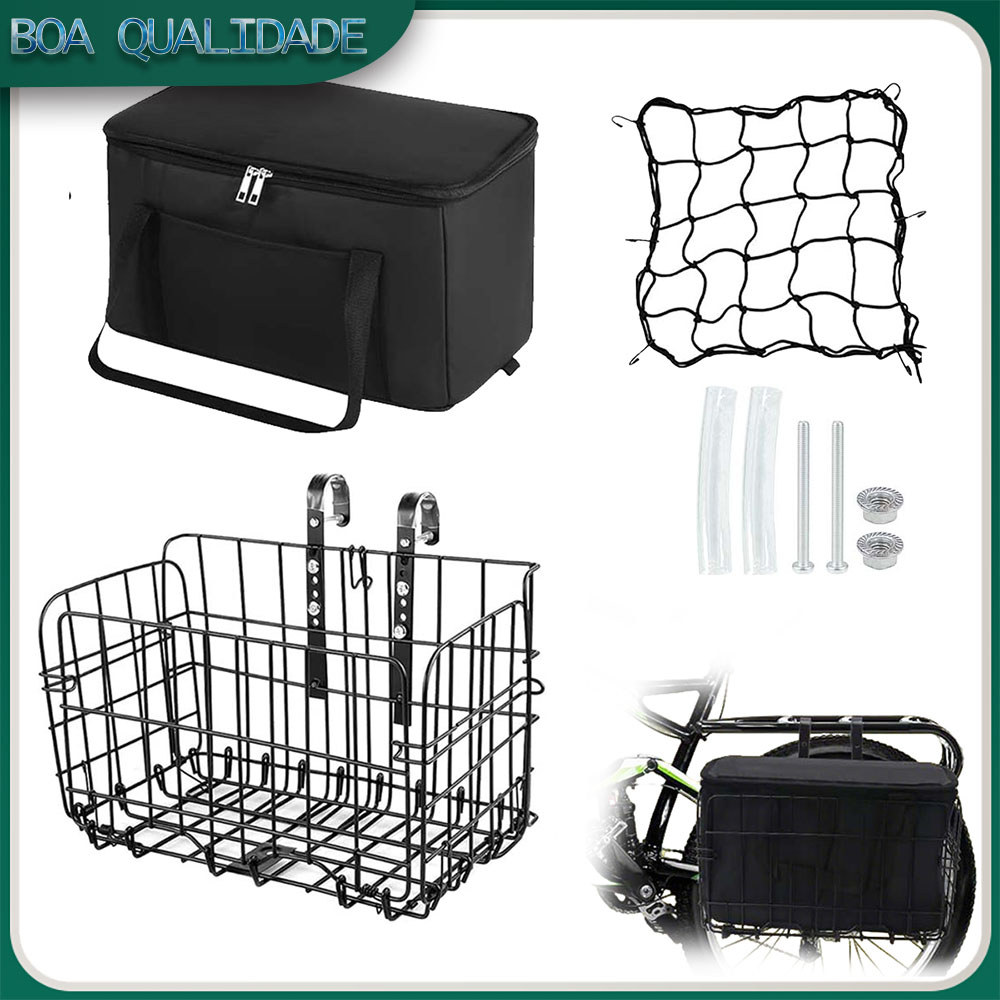 Preto cesto de bicicleta dobrável cesto dianteiro forro para cesto bolsa de malha fixa rede para bagagem
