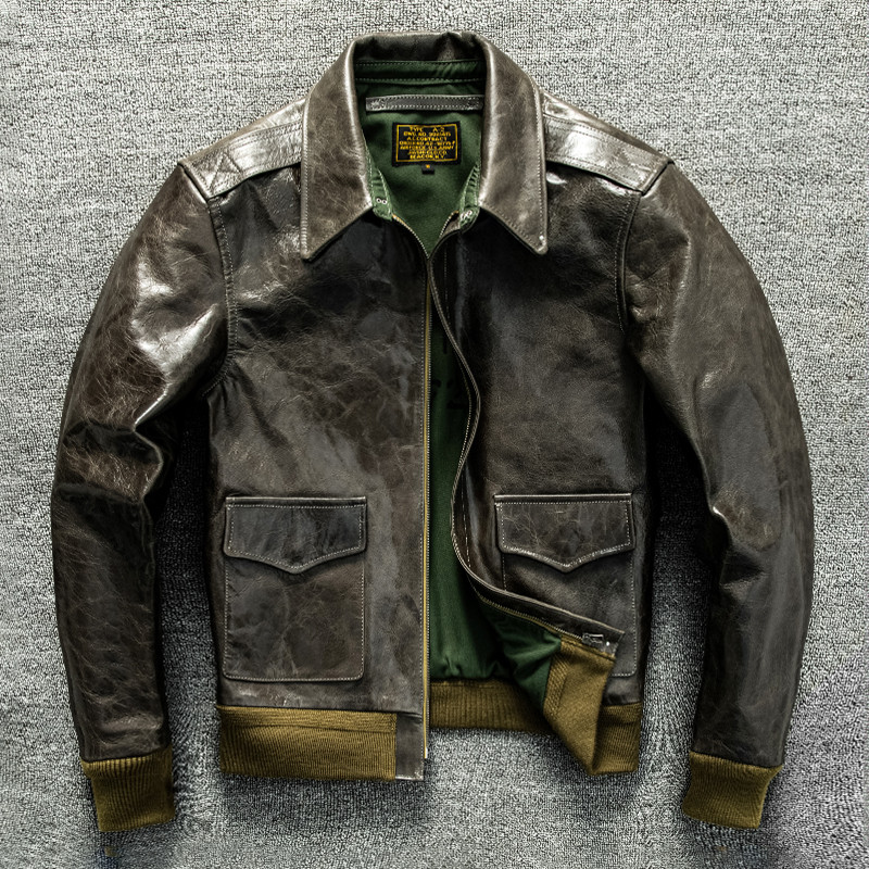 Clássico americano Retro A2 vôo terno misturado pele de cabra vegetal curtido jaqueta de couro genuíno masculino jaqueta