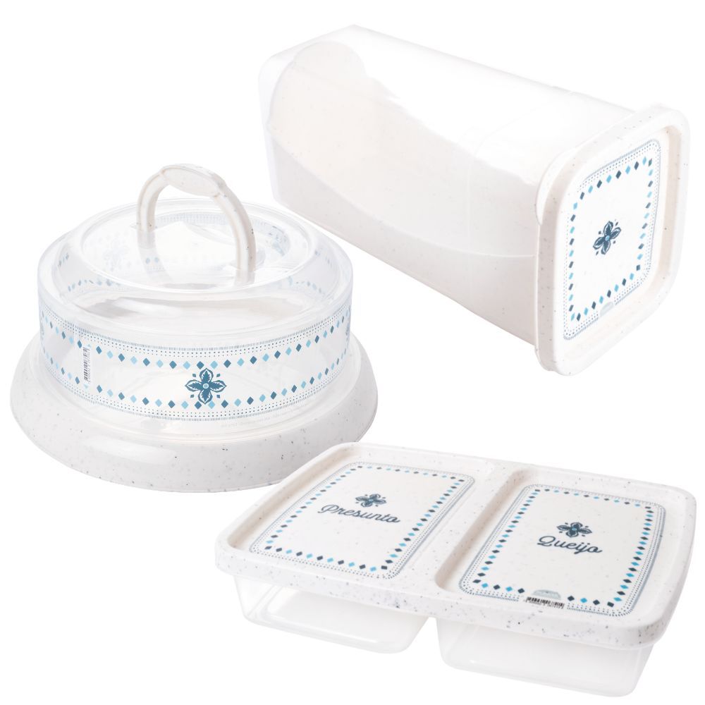 Kit Porta Torradas com Gaveta Deslizante, Porta Frios e Queijeira com Base de Rosca 3 peças Marmorizado Plasutil
