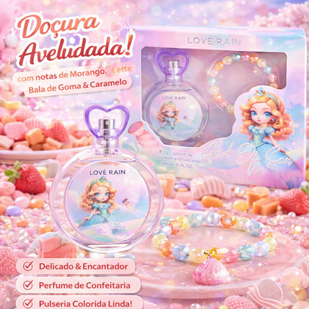 Kit Perfume Girl of Sea Cheiro Bala de Goma Baunilha Leite Morango e Caramelo Para todas as Idades Lové Rain Cosméticos