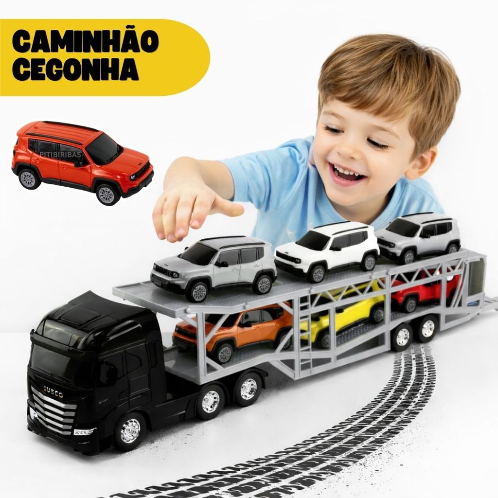 Caminhão Iveco Cegonha Miniatura 6 Carros Jeep Oficial Brinquedo