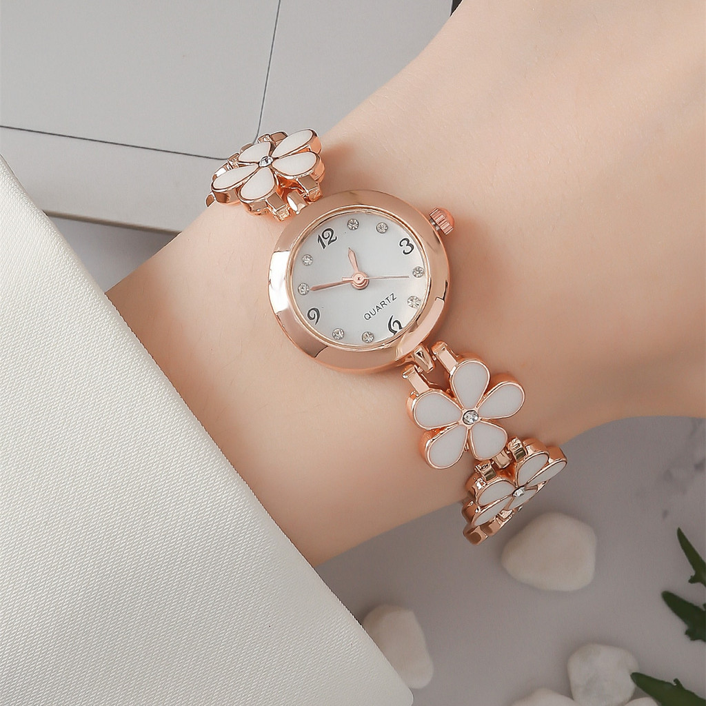 Relógio Floral Em Ouro Rosa , Pulseira Fina De Quartzo Para Mulheres , Presente Iluminador De Pele , Preto E