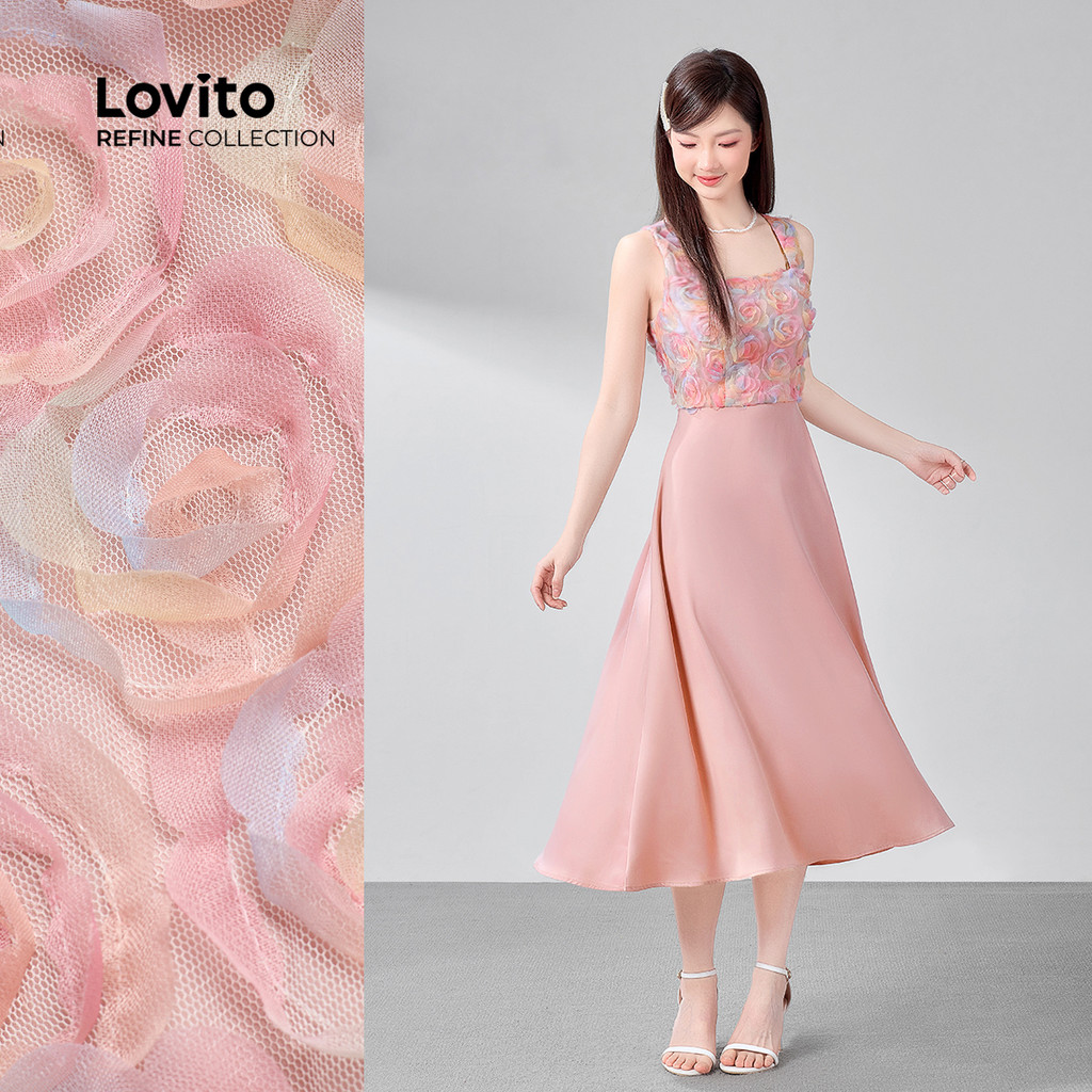 (Lovito Refine) Tecido Elegante de Costura Vestido Primavera/verão Vestido Rosa para mulheres LR26A444 em Oferta na Shopee