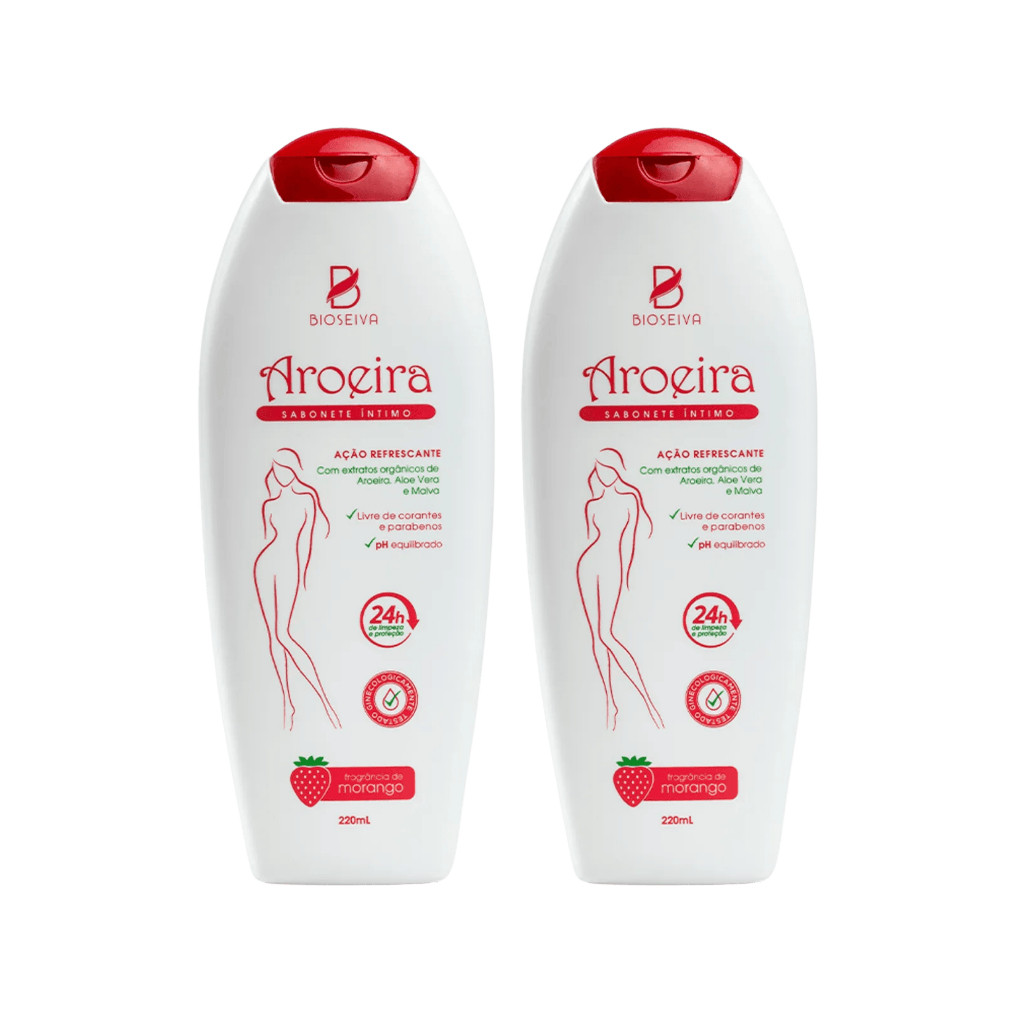 Kit 2 Sabonetes Íntimos BioSeiva Aroeira com Morango 220mL | pH Balanceado, Aloe Vera e Menta
