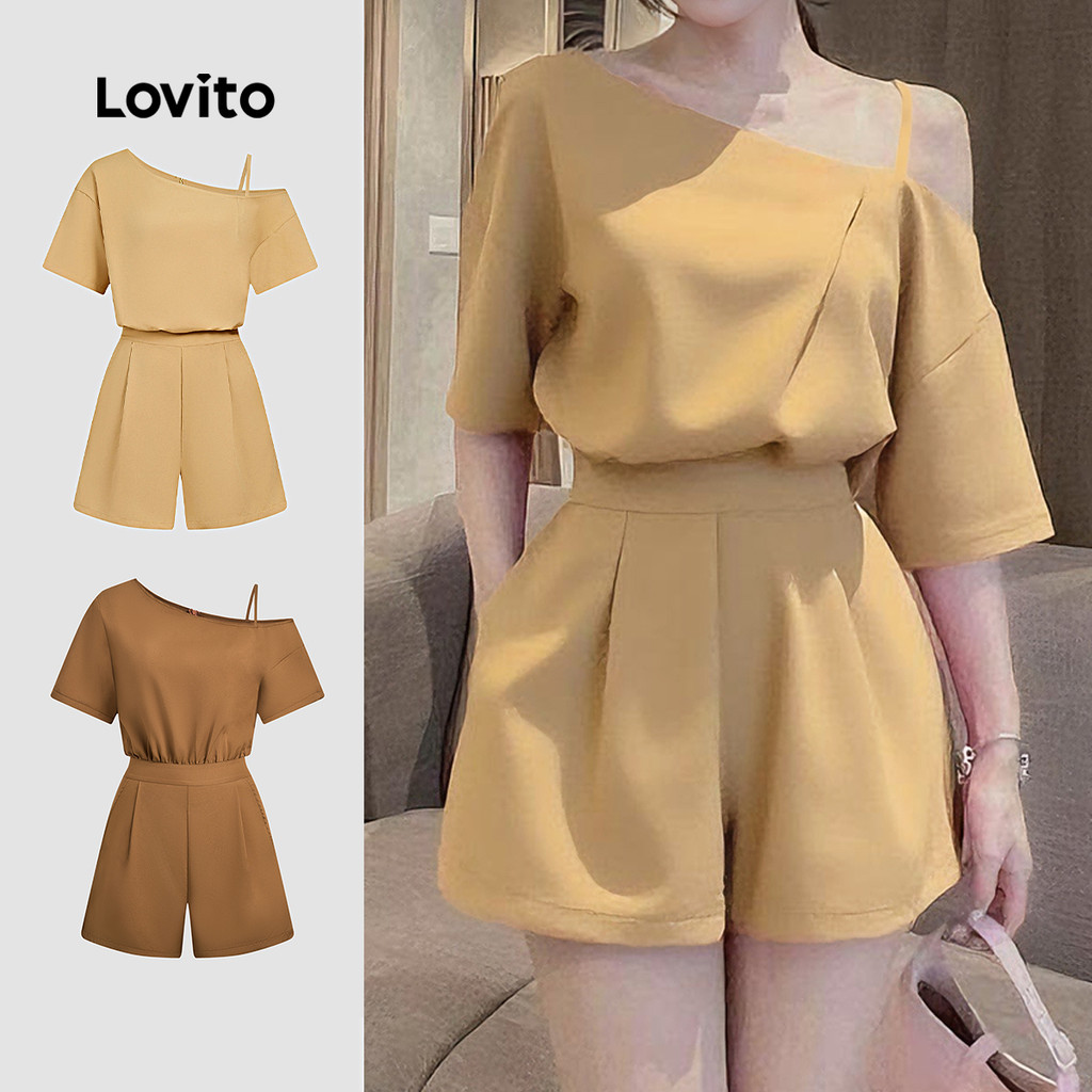 Lovito Macacão Casual Com Cinto Ombros À Mostra Cor Cáqui Para Primavera/verão Para Mulheres L142LD481 em Oferta na Shopee