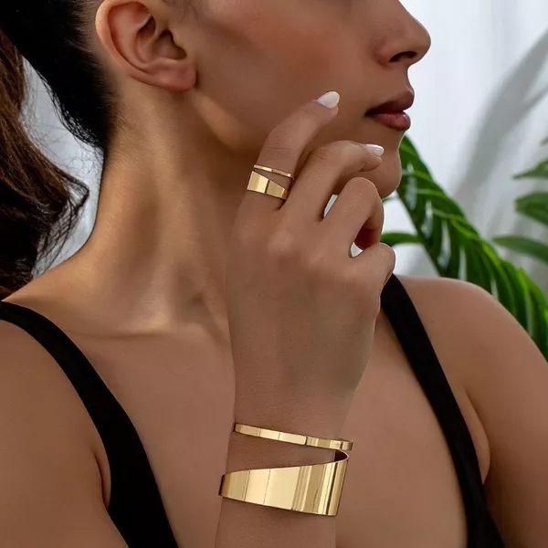 Kit 2 Conjunto Bracelete e Anel Design Aberto Banho de Prata 925 ou Ouro 18K para Empilhar