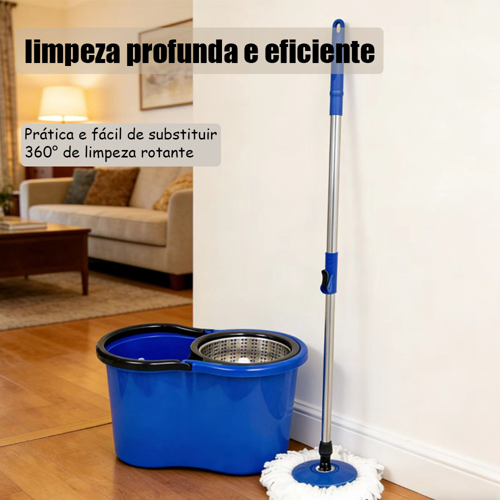 Mop Esfregão Giratório 360 com Balde 12L Sistema Inox Completo para Limpeza Rápida e Prática Vem com 3 Refis Inclusos