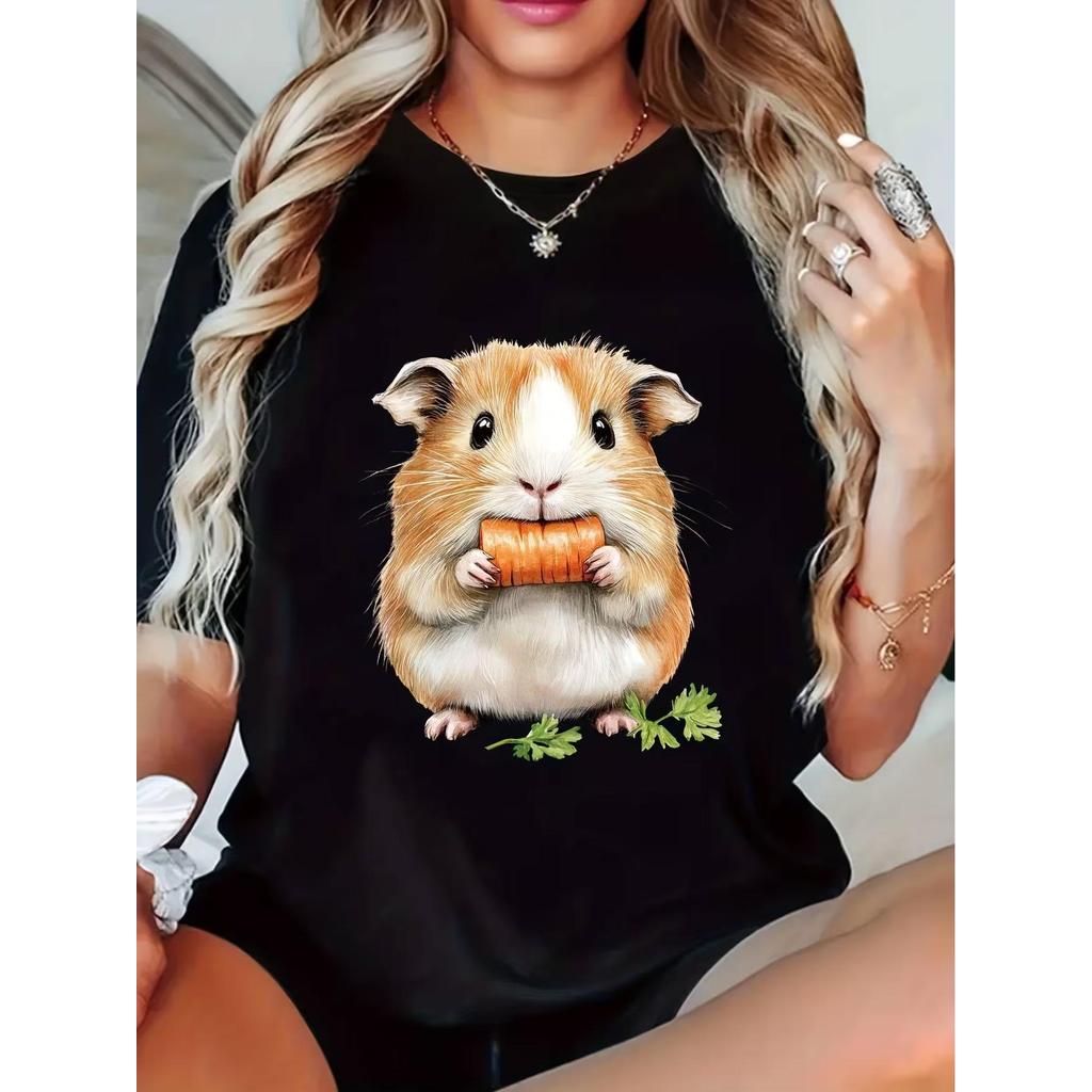 BR.Moonlight Camiseta Feminina Estampa Porquinho da Índia Cenoura Coentro Fofa Confortável Divertida Leve Primavera