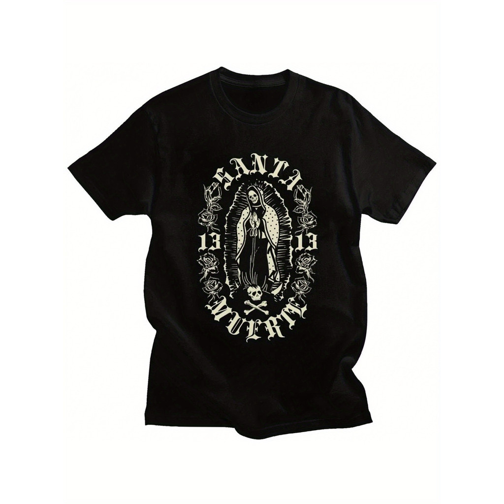 Camiseta Gótico Santa Muerte Mexicana Caveira Rosas Streetwear Confortável Ousada Estilosa Casual
