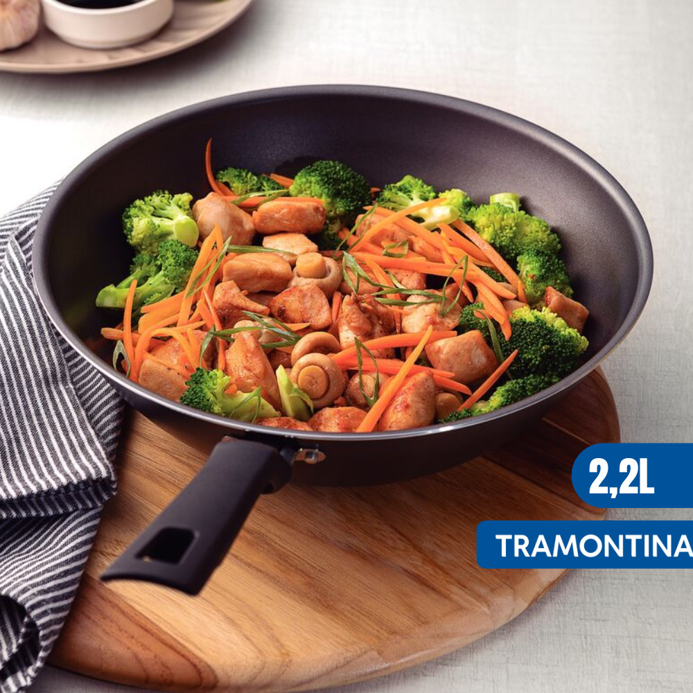 Panela Frigideira Wok Funda Antiaderente Loreto Grafite Alumínio 2,2L 24CM Tramontina Cozinha Comida Versátil Casa