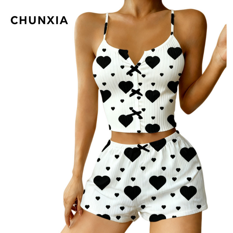 Amor coração impressão loungewear conjunto sexy camisola shorts conjunto de duas peças doce pit strip loungewear conjunt