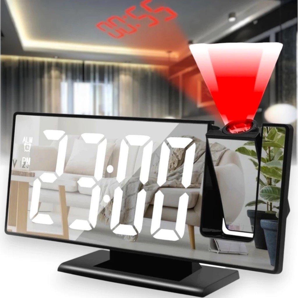 Relógio De Mesa Com Projetor 19,5x9x5Cm Espelhado Com Temperatura Alarme Despertador USB Preto