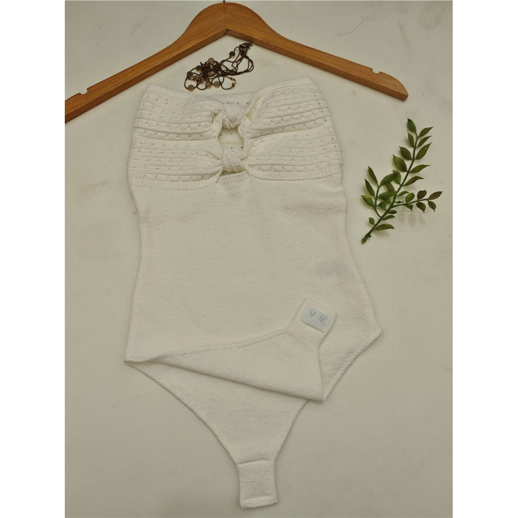 Macacão feminino de moda, body de tricô com laço e recorte, ajustado, respirável