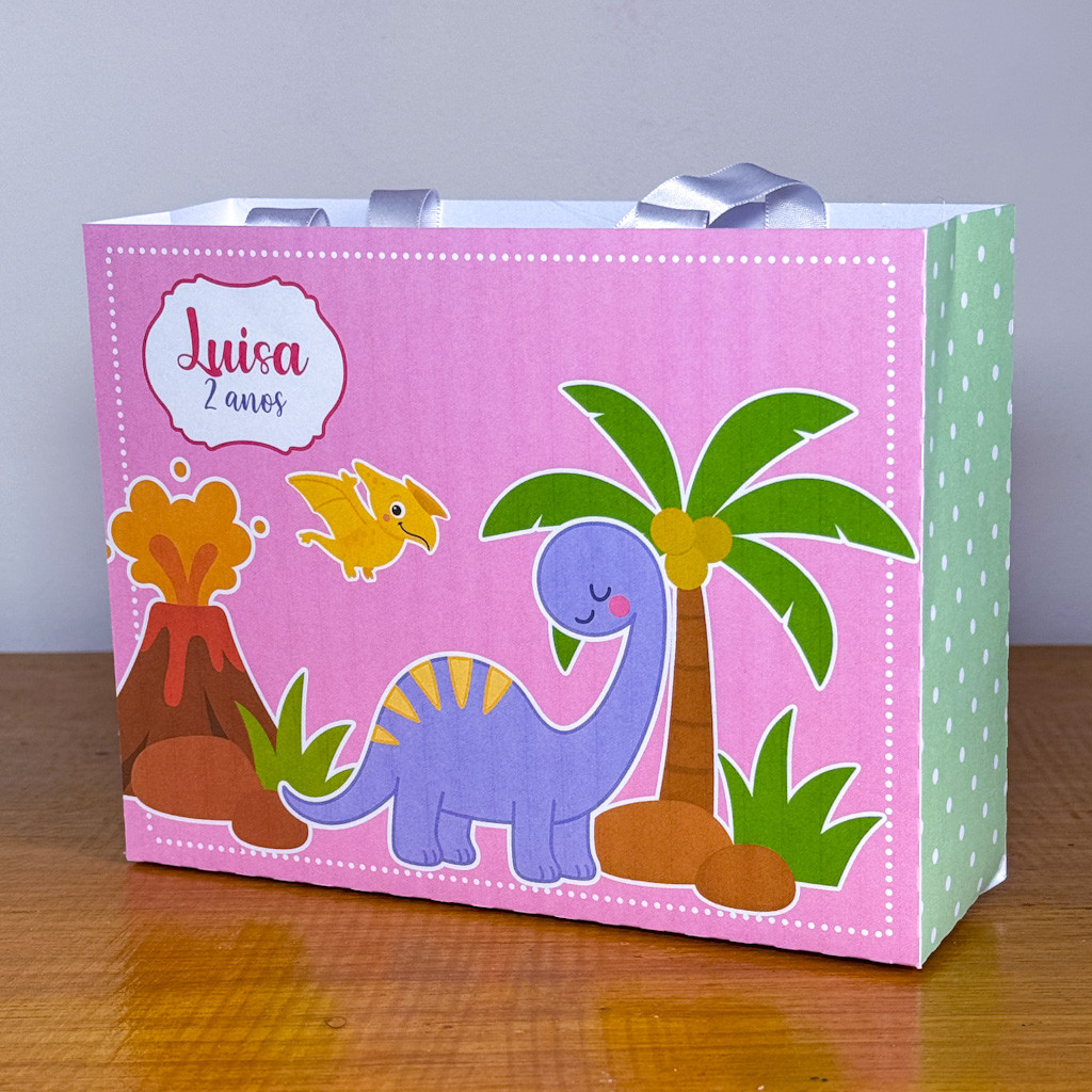 Kit Sacolinhas Surpresa DINOSSAURO MENINA - Personalizada - Pegue e Monte - Lembrancinha Festa