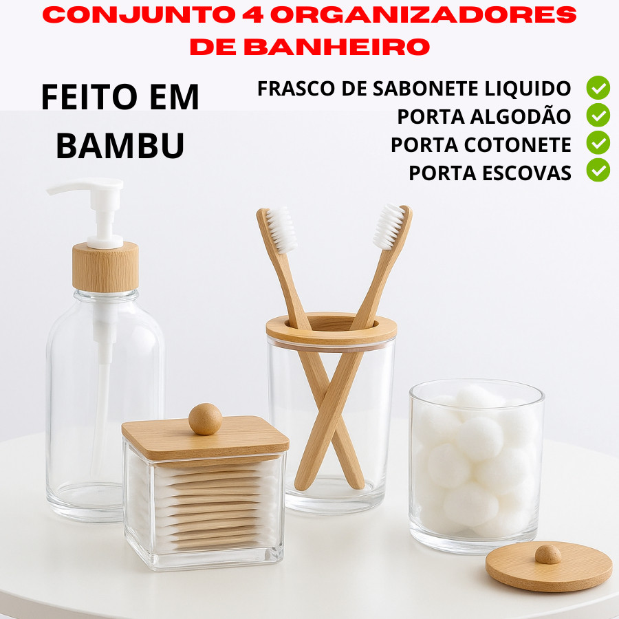 Conjunto 4 Organizadores De Banheiro Bambu Organização Porta Algodão Cotonete Sabonete Líquido