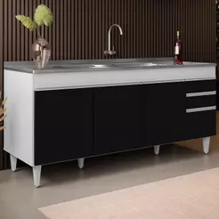 Balcão Gabinete com Pia 180cm Dallas Branco/Preto - Lumil