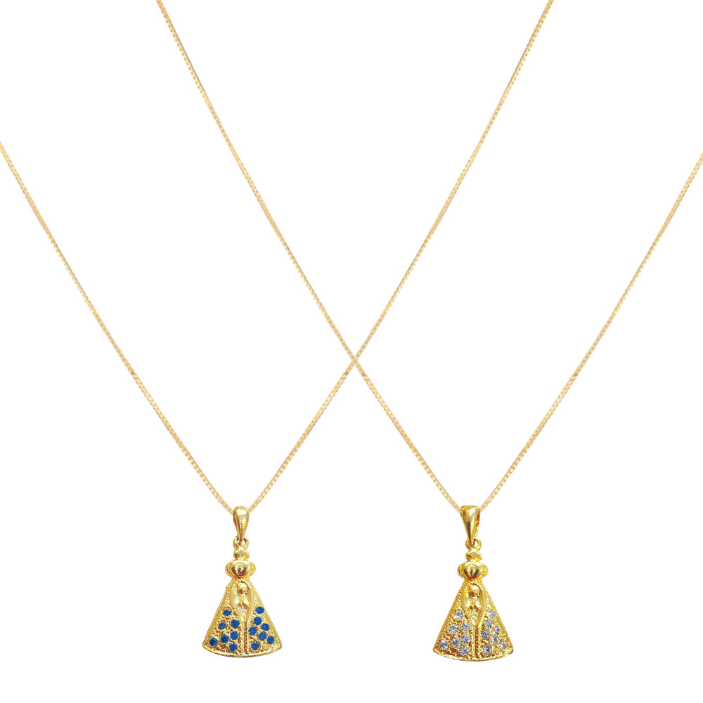 Colar corrente com pingente Nossa Senhora Aparecida com strass folheado a ouro 18k