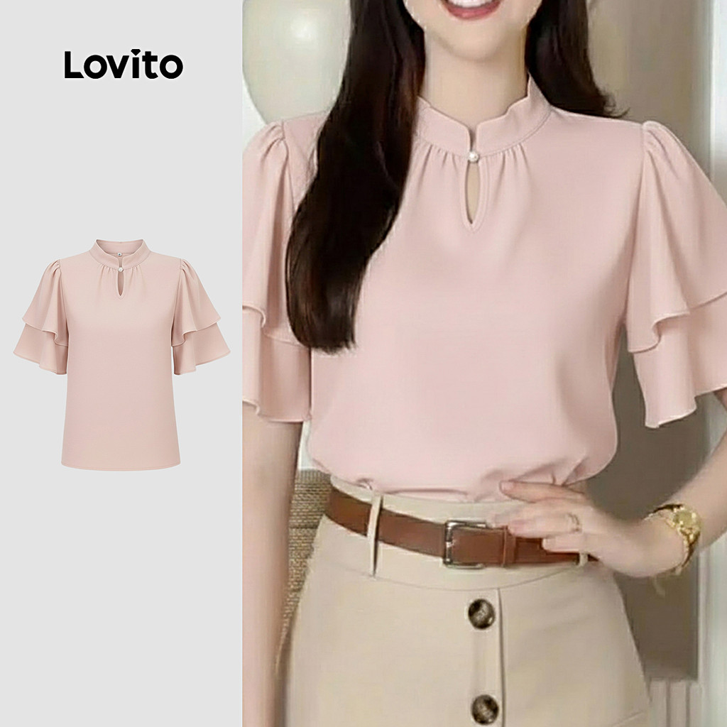Lovito Blusa Casual Nova Estilo Chinês Babado Primavera/verão Blusa Rosa para Mulheres LK2ED207