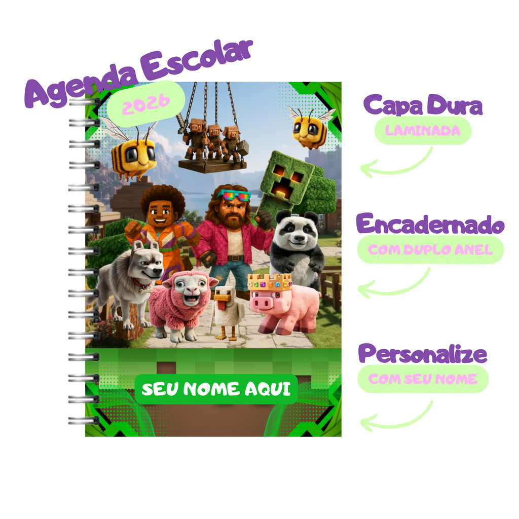 Agenda 2026 Personalizada com Nome • Minecraft • A5 • 1 Dia por Página • Miolo Colorido • 326 Páginas