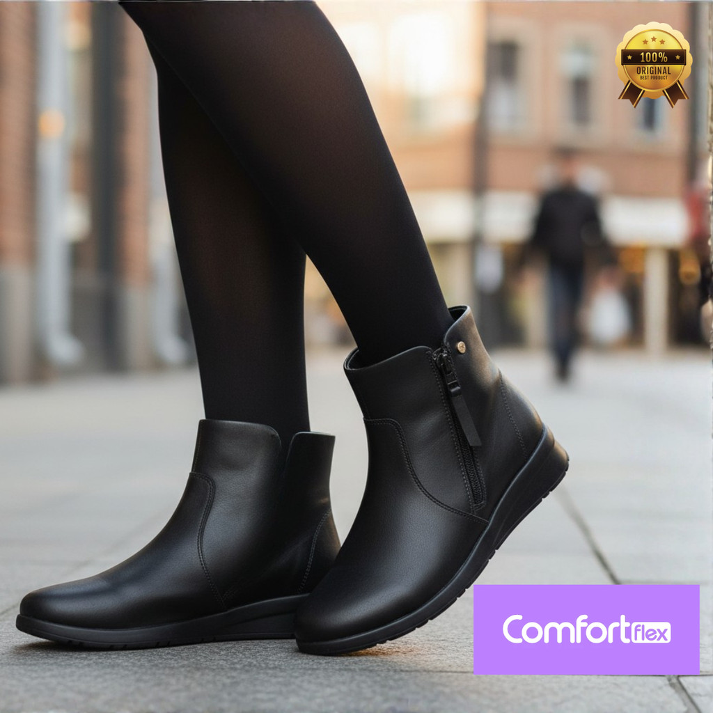 Bota Feminina Comfortflex Casual Moderna Zíper Cano Baixo Salto Anabela Confortável Original