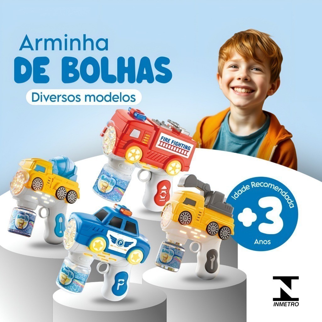 Arminha Lança Bolhas Automática com LED Pistola de Sabão Infantil com Temas Diferentes