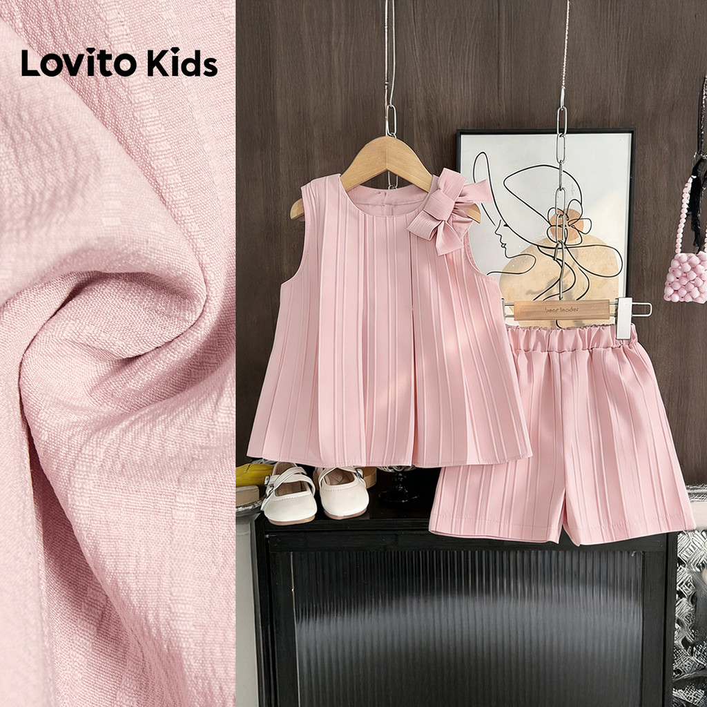 Lovito Kids Plissada Conjunto Casual de Shorts com Laço e Pregas Rosa Primavera/
