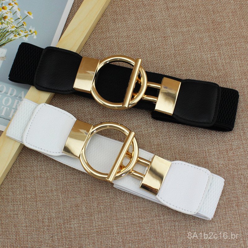 Cinto de vestido de 4 cm com elástico, cinto largo simples com fivela redonda dourada, cinto decorativo feminino disponí