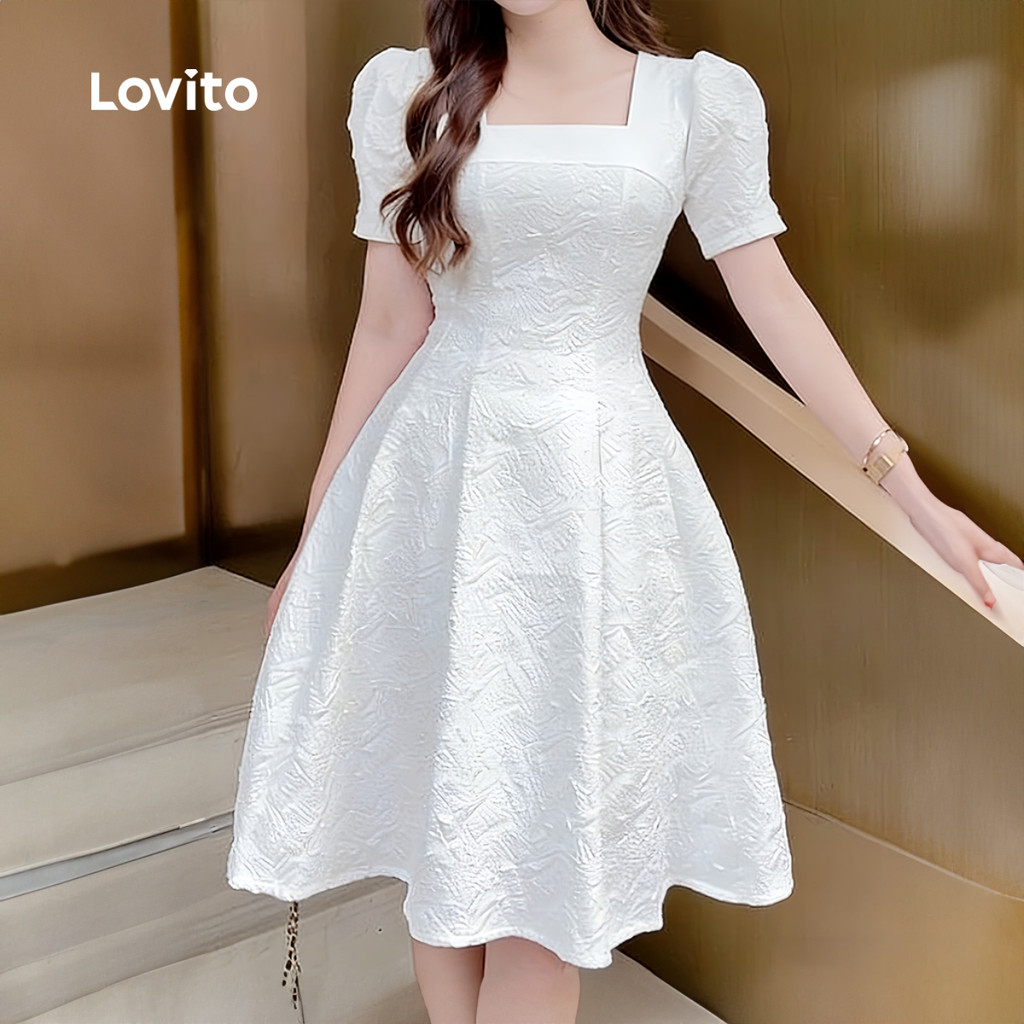 Lovito Vestido Branco Feminino com Zíper Primavera/Verão L182LD052 em Oferta na Shopee