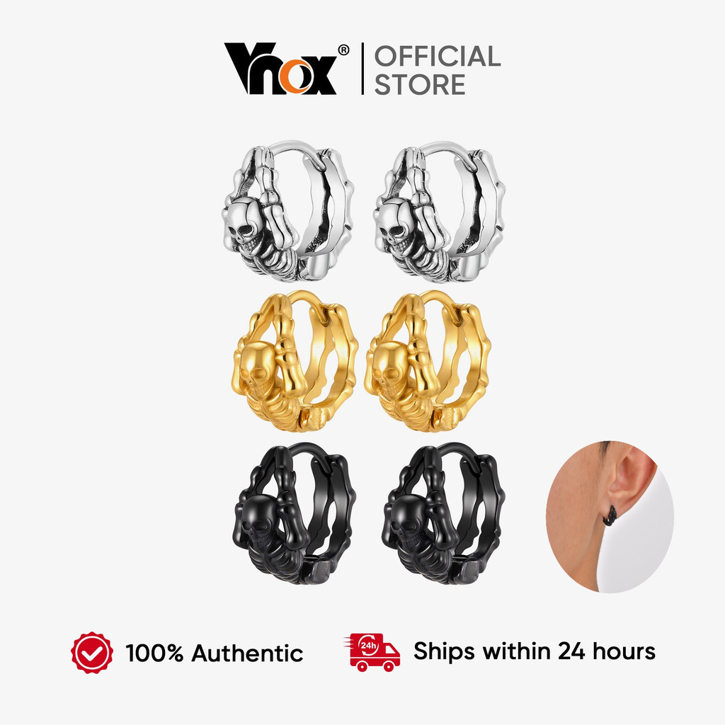 Vnox Aço Inoxidável Esqueleto Crânio Huggie Hoop Brincos Para Homens Mulheres Pu