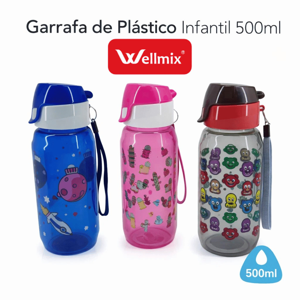 Garrafa Infantil 500ml Plastico  Bico Alca Resistente - Wellmix / Crianca Bebe Escola Lanche