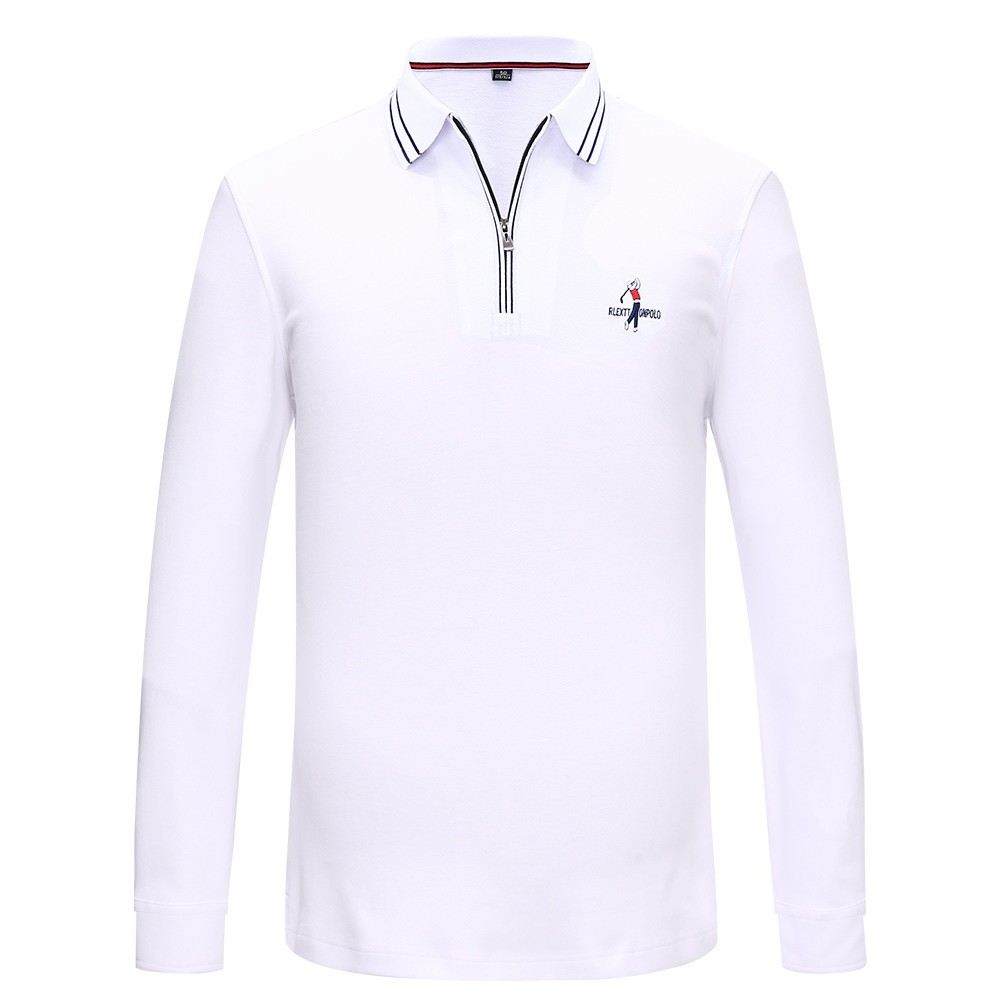 Primavera zíper de manga comprida camiseta masculina lapela camisa POLO puro algodão branco topo masculino esportes negó