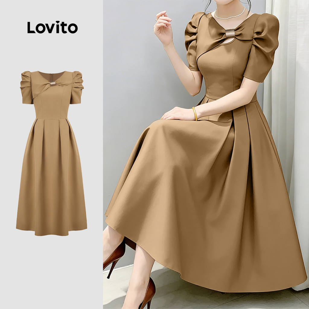 Lovito Vestido Casual de Verão com Detalhe de Laço e Fivela Pregas cáqui L183AD062