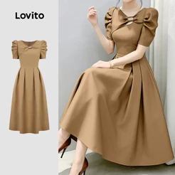Lovito Vestido Elegante Casual de Verão com Detalhe de Laço e Fivela Pregas cáqui para Mulheres L183AD062