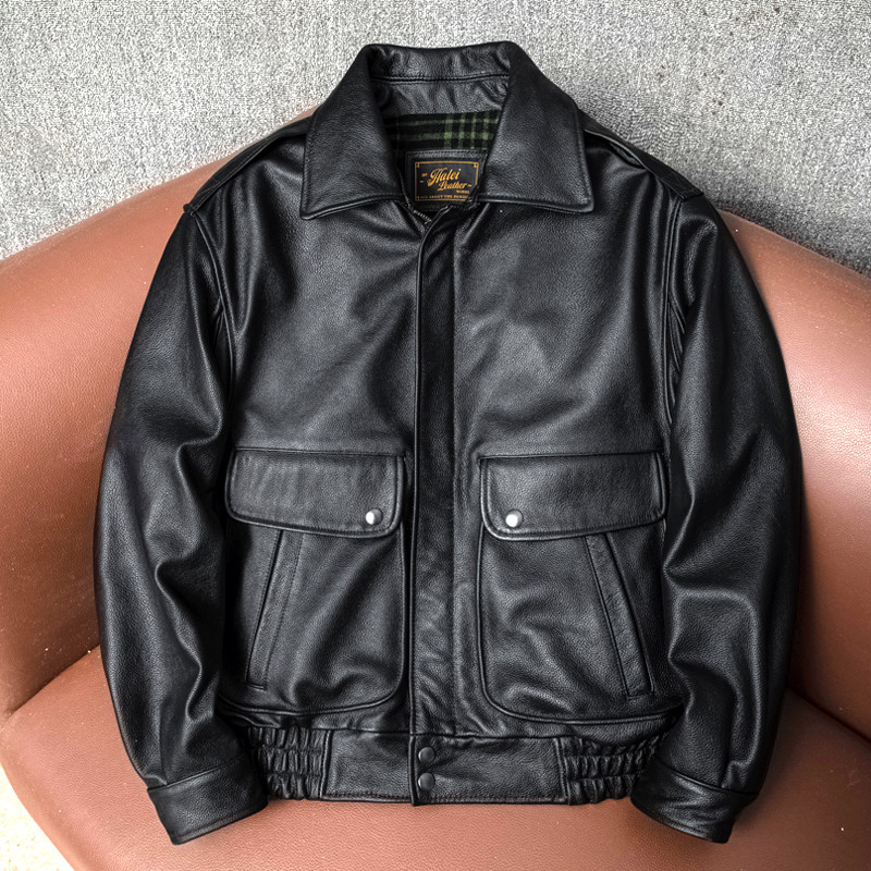 Clássico estilo Hong Kong terno de vôo primeira camada de couro genuíno jaqueta masculina lapela curta Casual versão lar