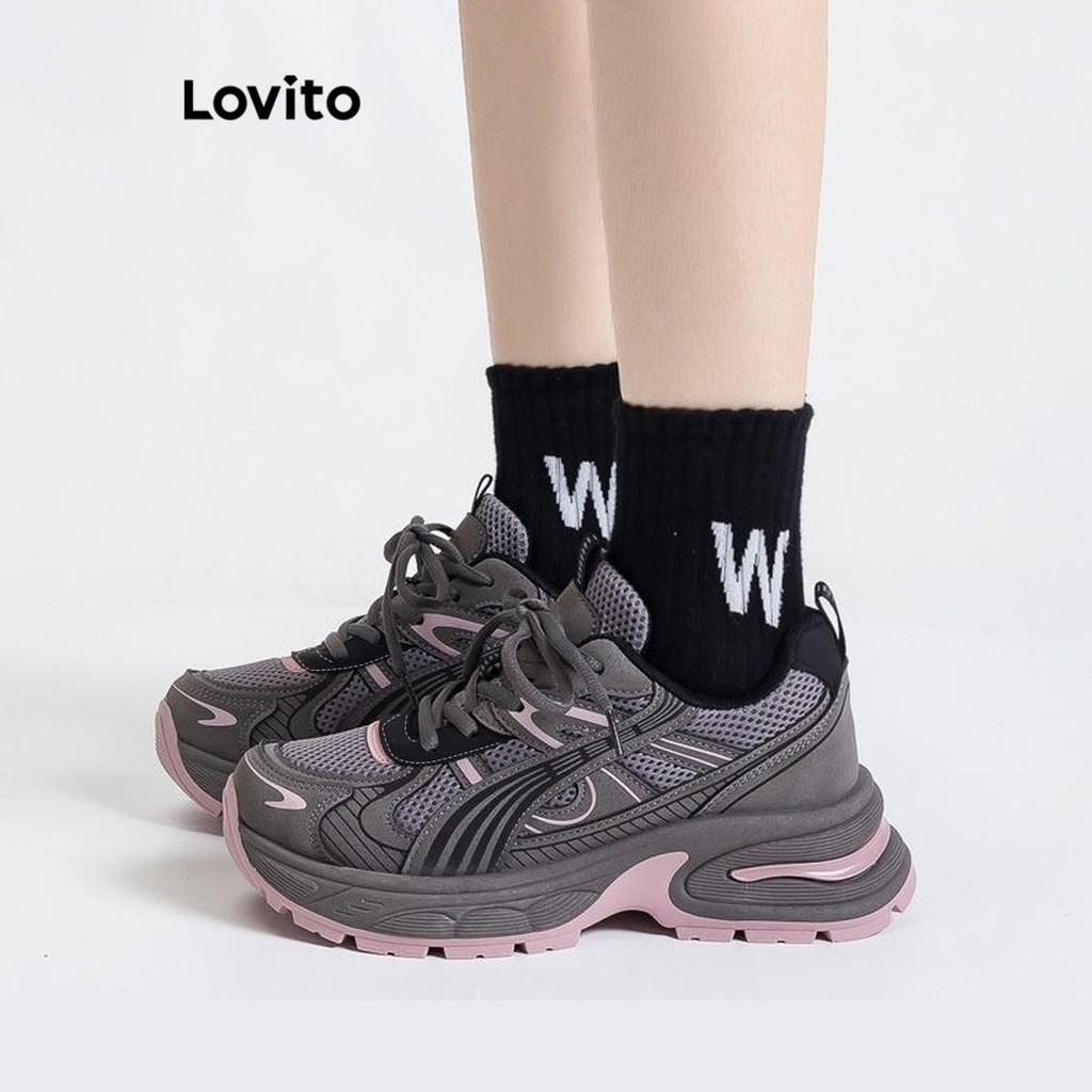 Lovito Esporte liso Colorblock Ins aumentar altura tênis para mulher LFA71102