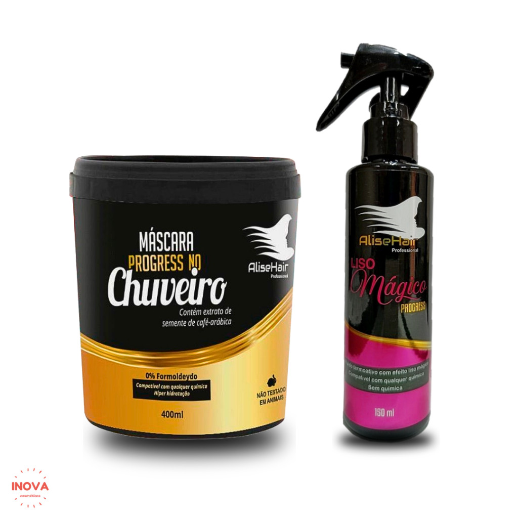 Alise Hair Máscara Progress no Chuveiro Pote 400ml + Liso Mágico Fluido Termoativo 150ml