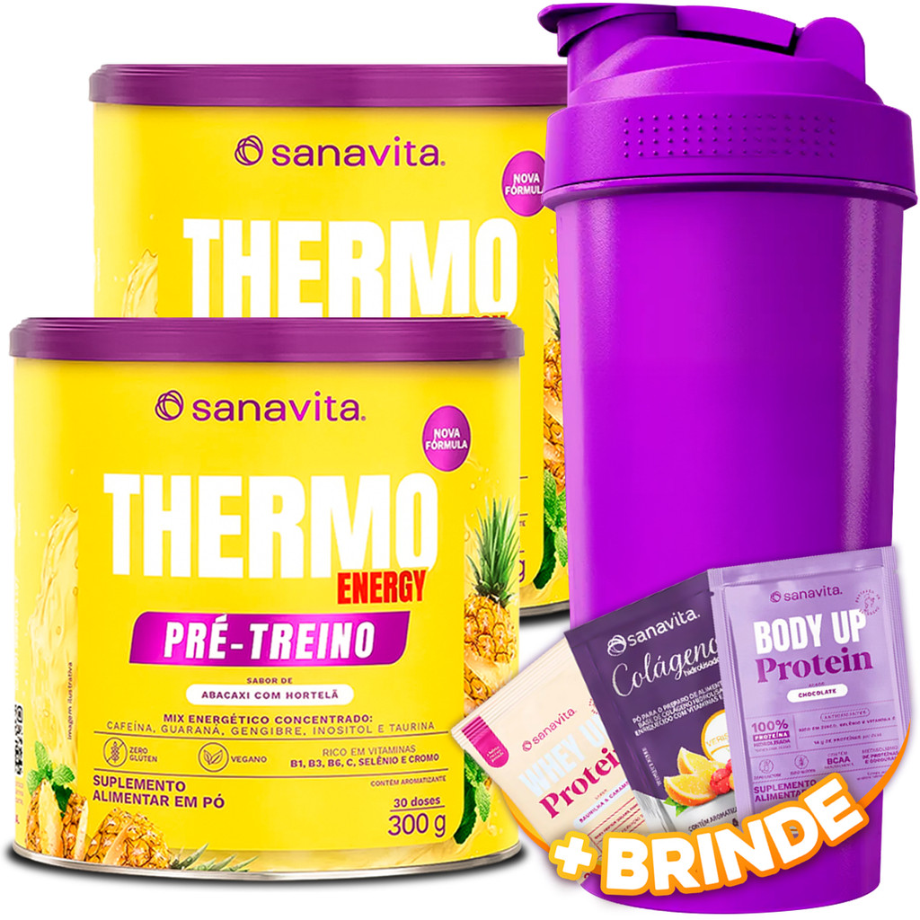 Kit 2x Termogênico Suplemento Thermo Energy Sanavita 300g Pré Treino + Coqueteleira 600ml P/ Treino